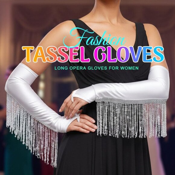 Long Satin Fingerless Gloves Sequin Tassel Elbow Length Wedding Halloween - Picture 2 of 7